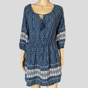 Addie Bohemian Mini Dress Medium Blue Green Floral 3/4 Sleeves Elastic Waist